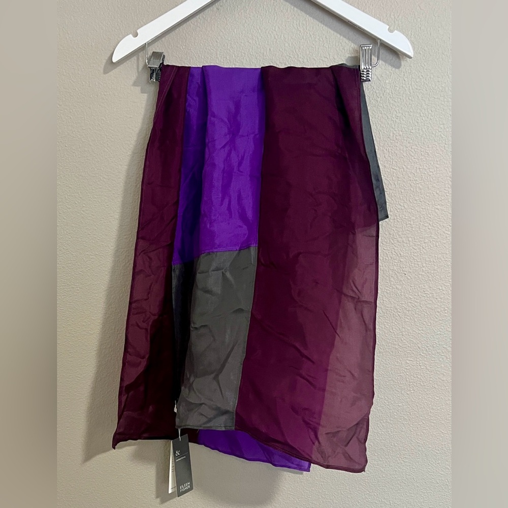 NWT Eileen Fisher 100% Silk Purple Gray Colorblock Scarf